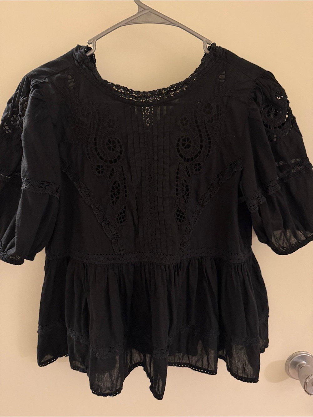 Zara Black Lace Trim Peasant Blouse ( Embroidery)